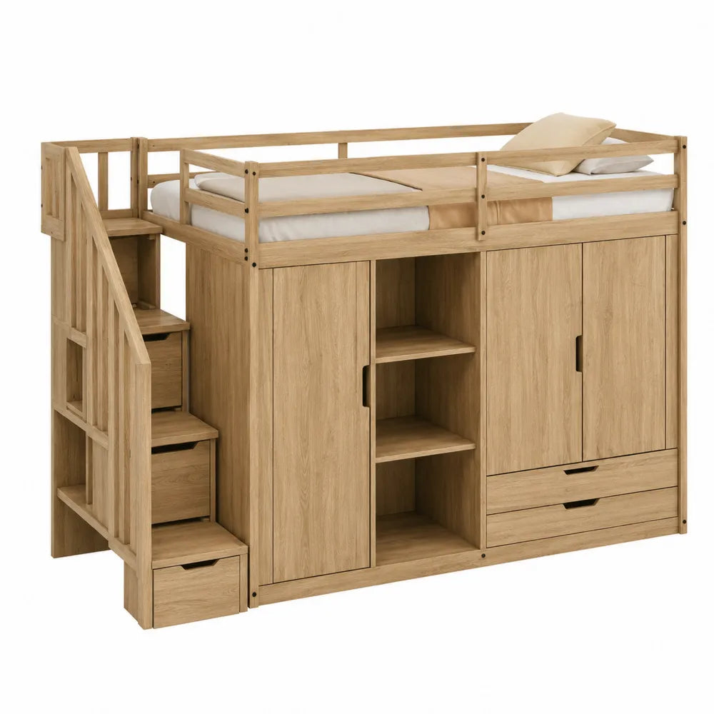 Cama altillo de madera de roble con almacenamiento y escalera lateral 200x90 cm