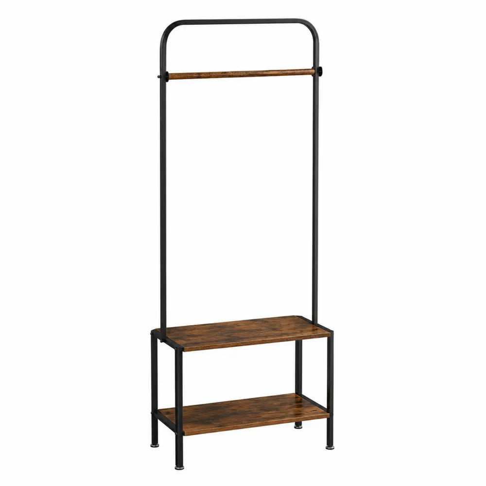 Perchero de metal negro con estantes de madera marrón, altura 180 cm