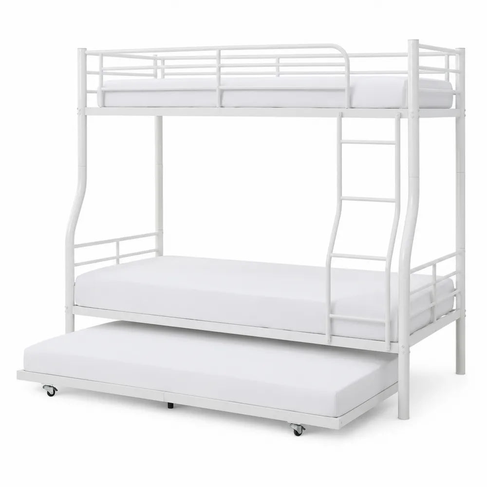 Cama litera triple de metal blanca con cama nido
