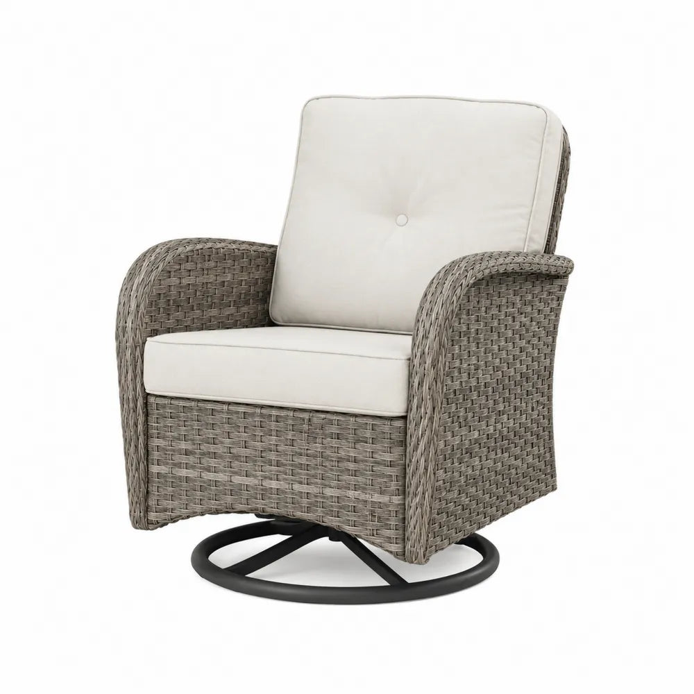 Silla giratoria de mimbre de resina gris con cojines beige para exterior