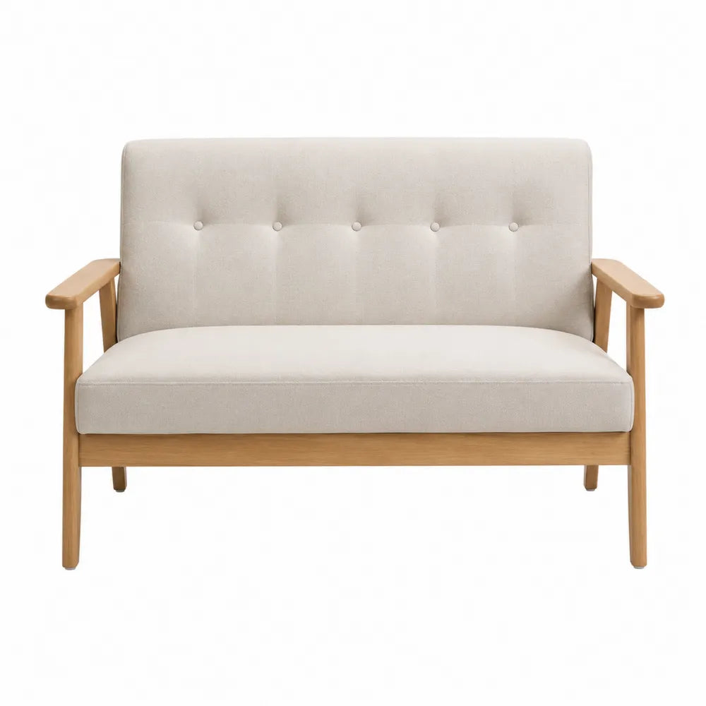 Sofá de dos plazas de lino beige y madera de haya 120x75x85 cm