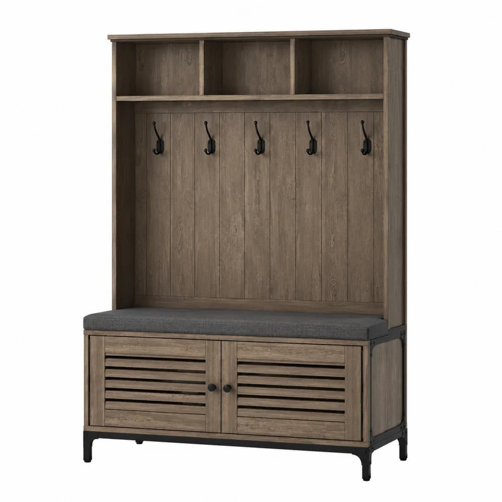 Perchero de madera con asiento gris y almacenamiento 180x100x40 cm