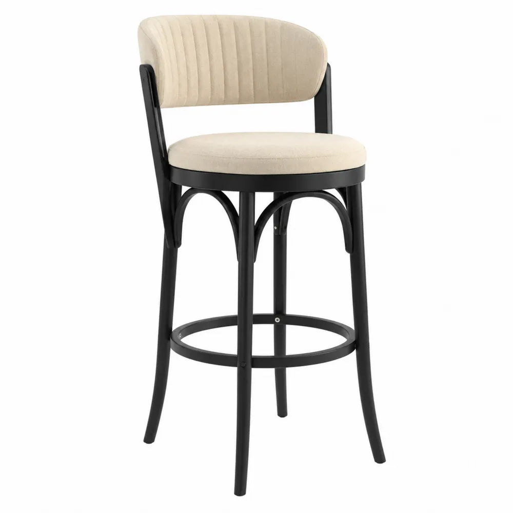 Taburete de bar de tela beige con estructura de metal negro