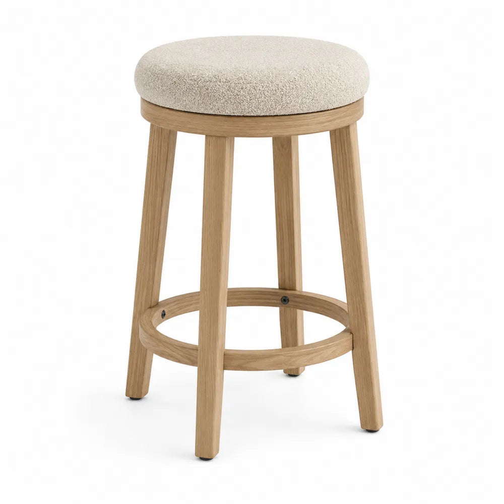 Taburete de madera de roble con asiento de tela beige