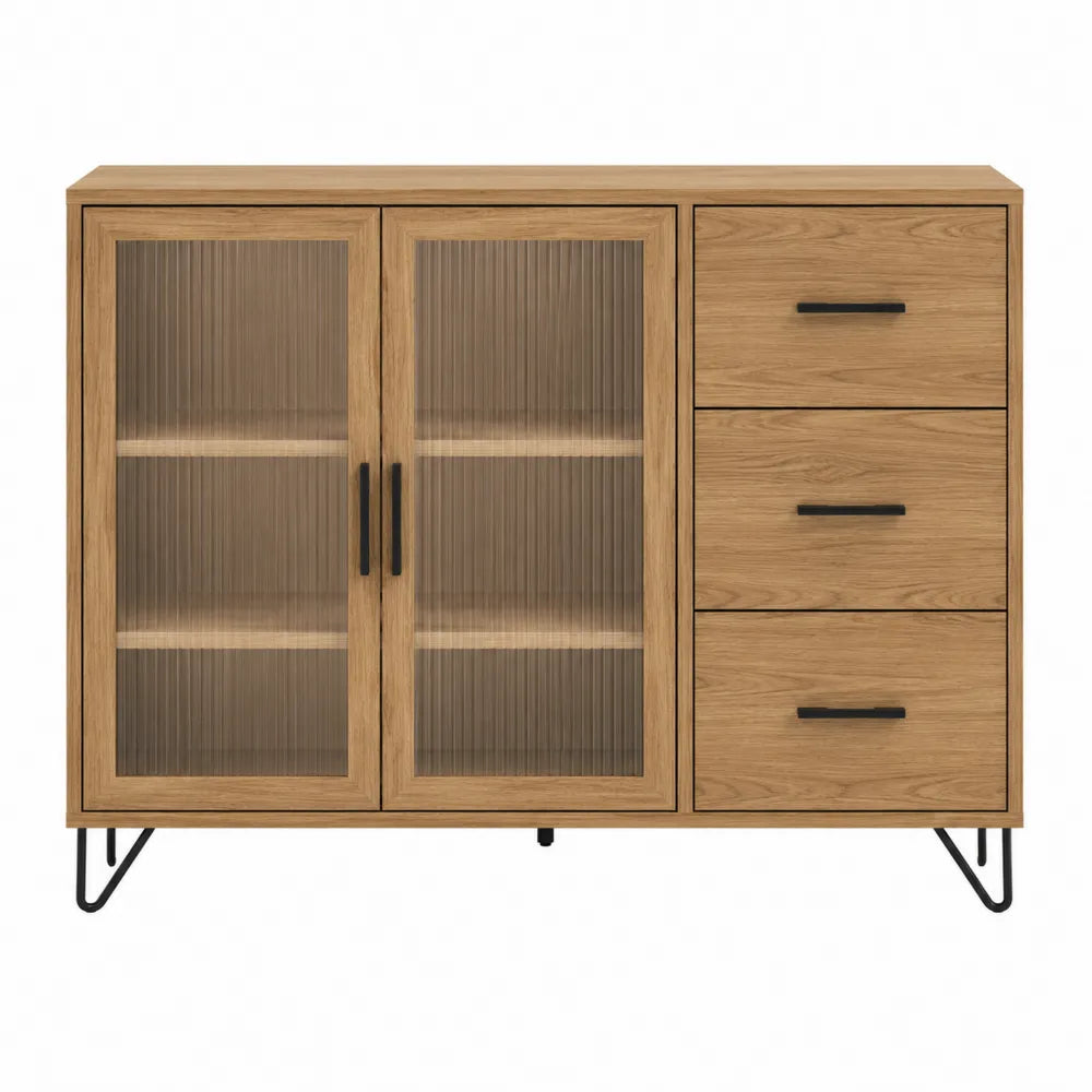 Aparador de Madera con Puertas de Vidrio Estriado y Cajones