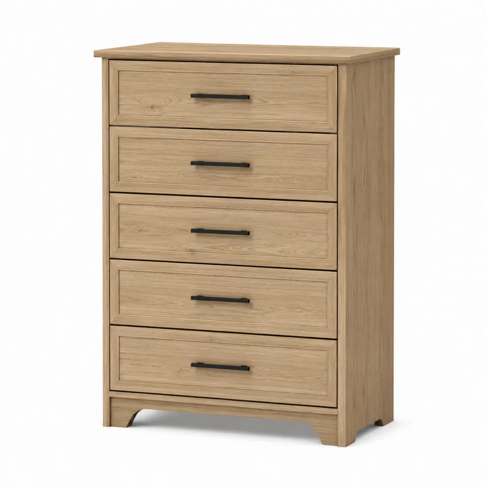 Cómoda de Madera de Roble con 5 Cajones y Asas de Acero 90x45x120 cm