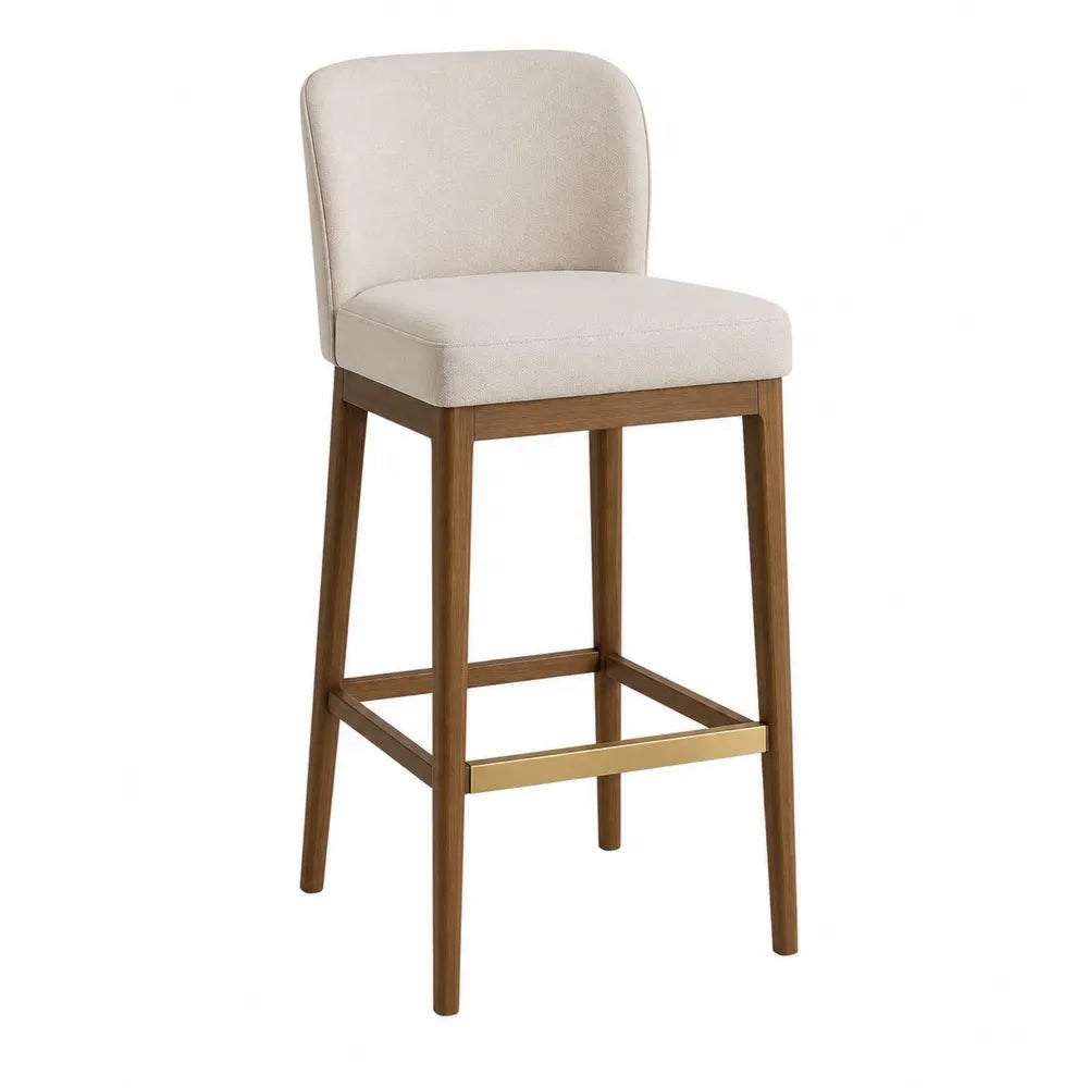 Taburete de Bar con Asiento de Tela Beige y Estructura de Madera