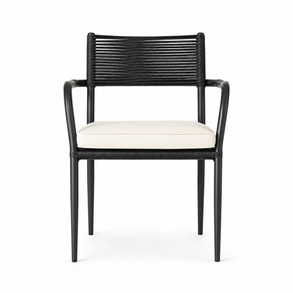 Silla de aluminio y cuerda de poliéster negra con cojín extraíble blanco
