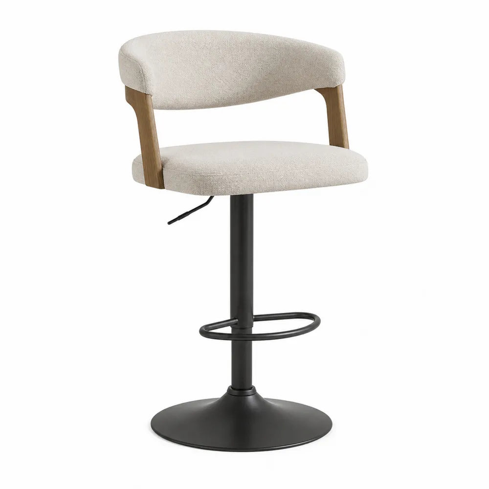 Taburete de tela beige con base de metal negro