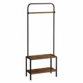 Perchero de metal negro con estantes de madera marrón, altura 180 cm