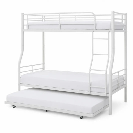 Cama litera triple de metal blanca con cama nido