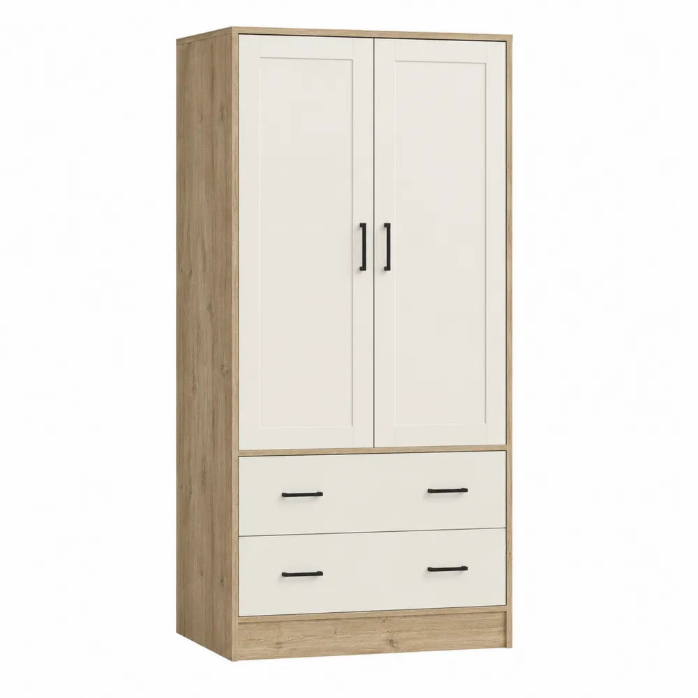 Armario de dos puertas y cajones de melamina en blanco y roble