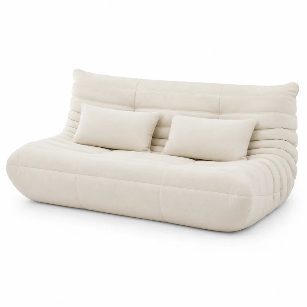 Sofá de dos plazas beige con cojines, tela de microfibra, 180 cm