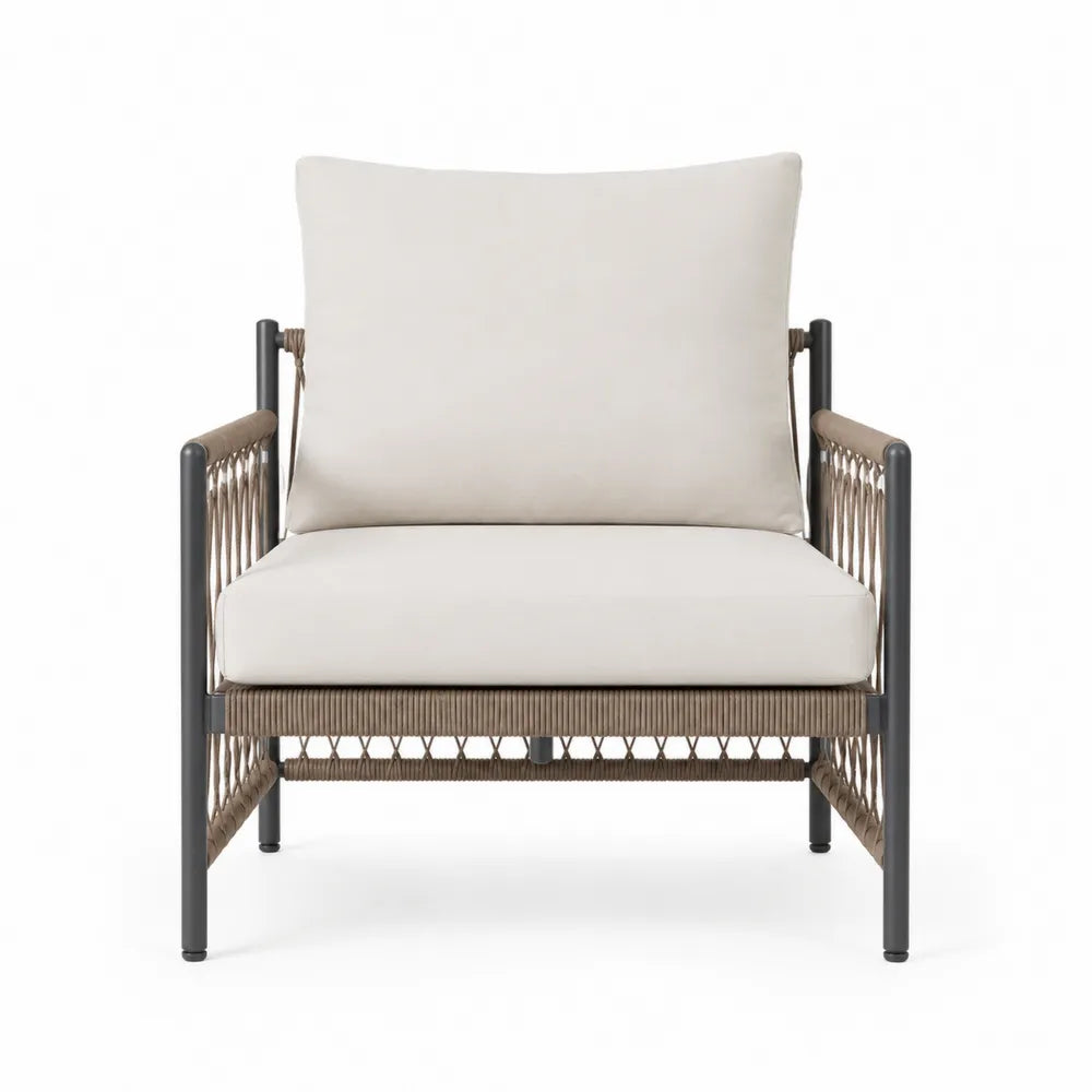 Sillón de aluminio y cuerda con cojines de poliéster beige