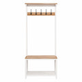 Perchero de madera y metal con banco blanco