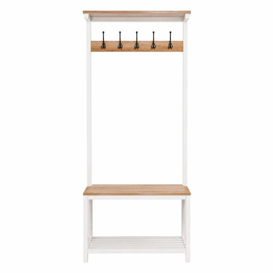 Perchero de madera y metal con banco blanco