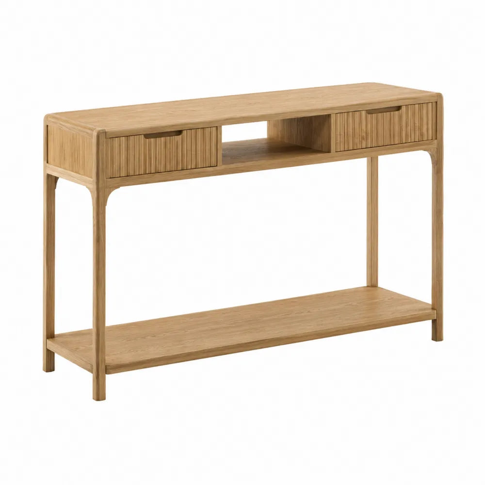 Mesa consola de madera de roble con cajones y estante