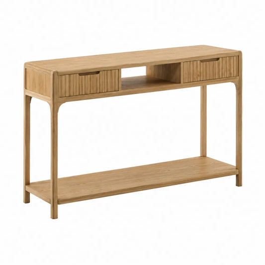 Mesa consola de madera de roble con cajones y estante