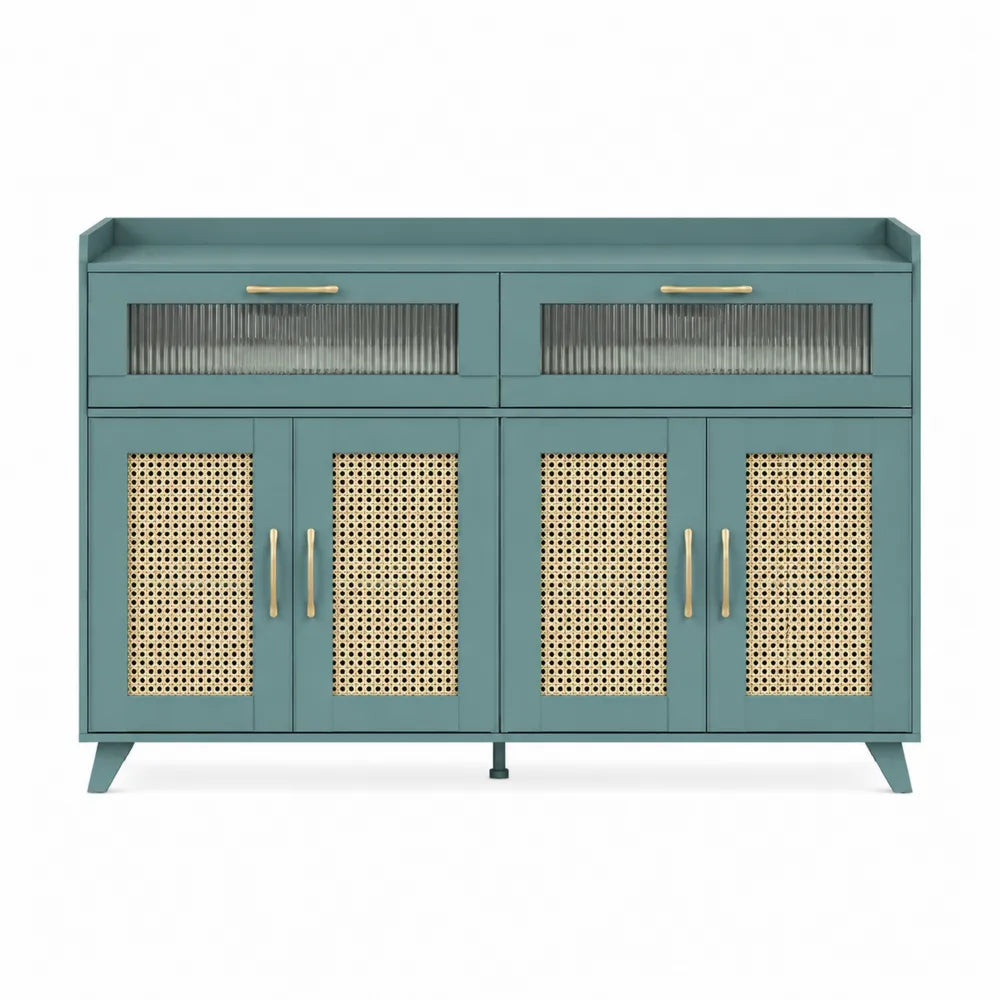 Aparador de Madera Verde con Puertas de Rattán y Vidrio Estriado