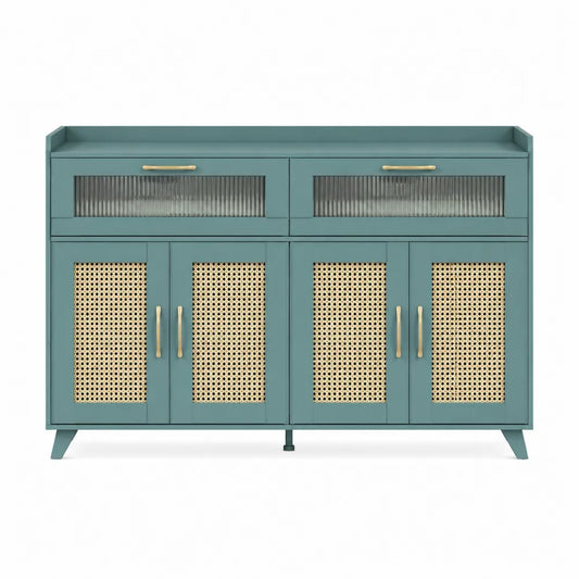 Aparador de Madera Verde con Puertas de Rattán y Vidrio Estriado