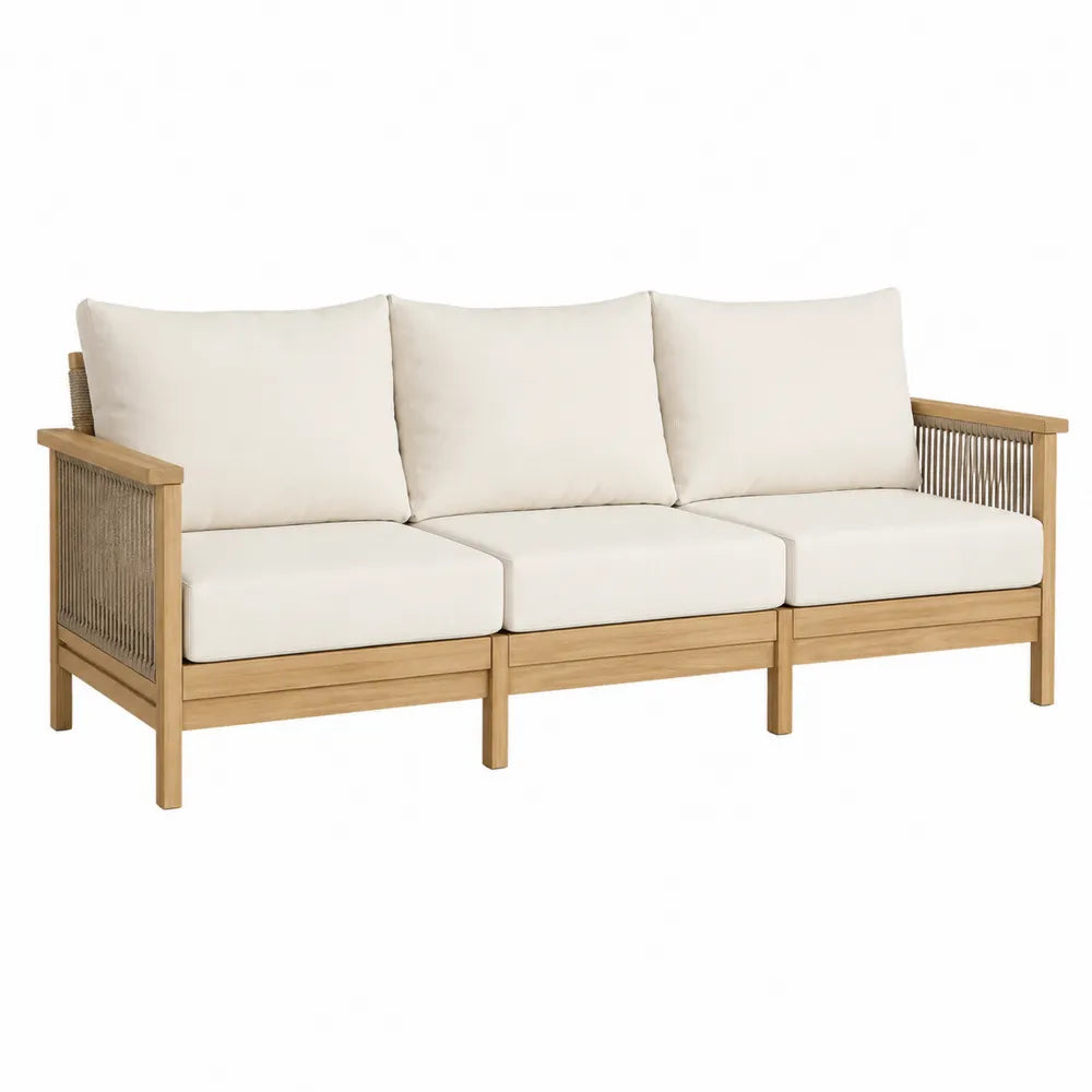 Sofá de exterior de tres plazas con estructura de madera de acacia y cojines color crema 210cm