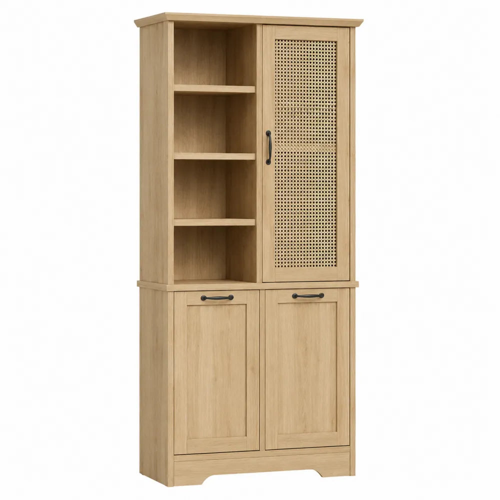 Armario Alto de Madera con Estantes y Puertas de Ratán, 180 cm