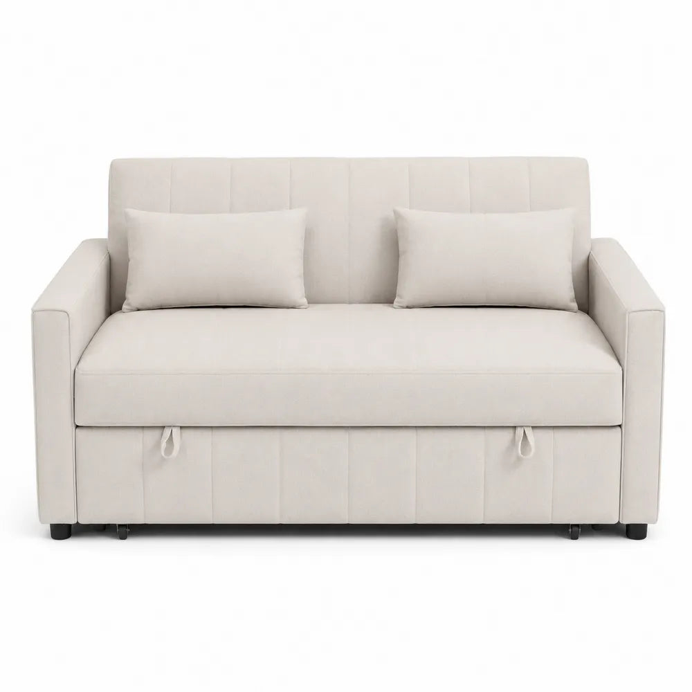 Sofá cama de lino beige con cojines desmontables