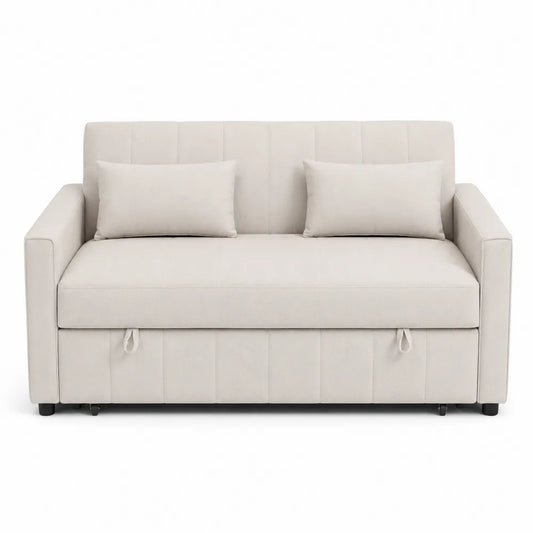 Sofá cama de lino beige con cojines desmontables
