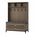 Perchero de madera con asiento gris y almacenamiento 180x100x40 cm