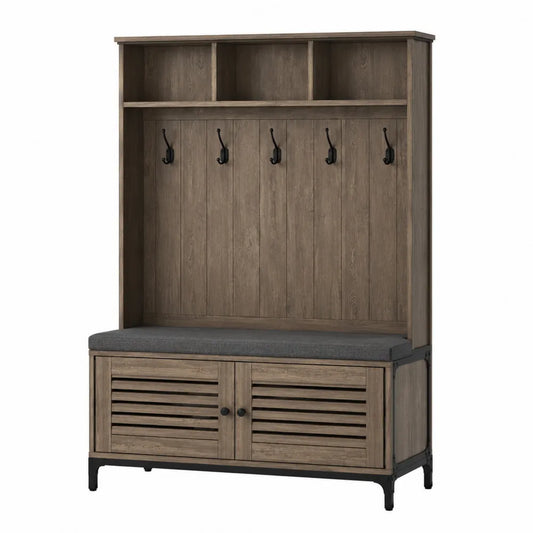 Perchero de madera con asiento gris y almacenamiento 180x100x40 cm