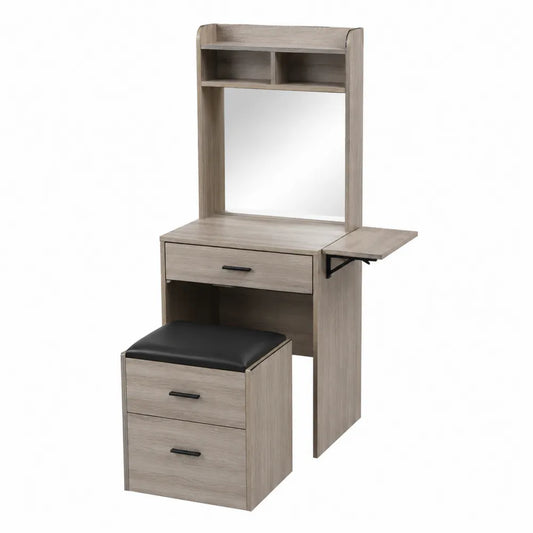 Tocador de Madera MDF con Espejo y Taburete, Beige/Negro