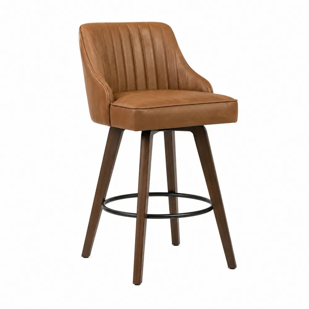 Taburete giratorio de piel sintética marrón con patas de madera y aro de metal
