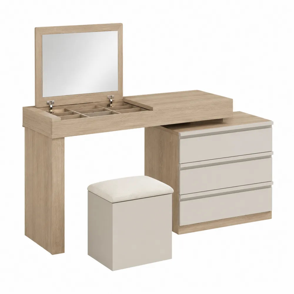Tocador de Madera con Espejo Abatible y Cajones de Roble y Beige