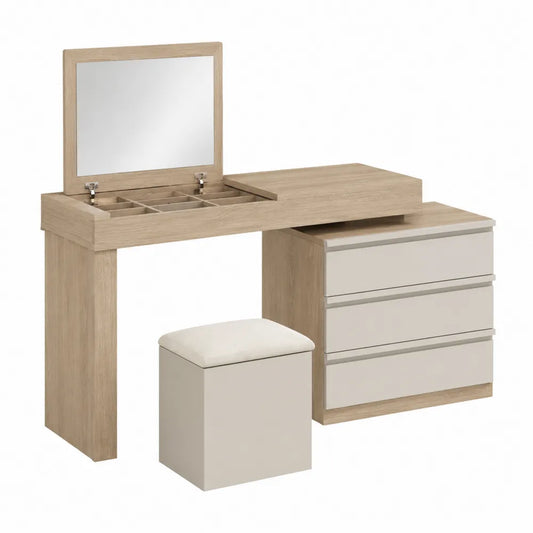 Tocador de Madera con Espejo Abatible y Cajones de Roble y Beige