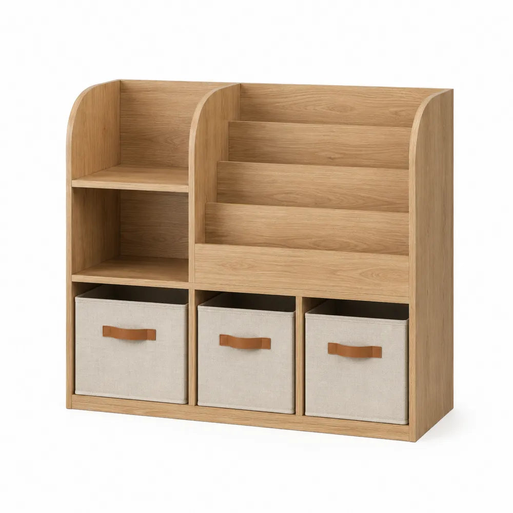 Estantería de madera con cajas de lino