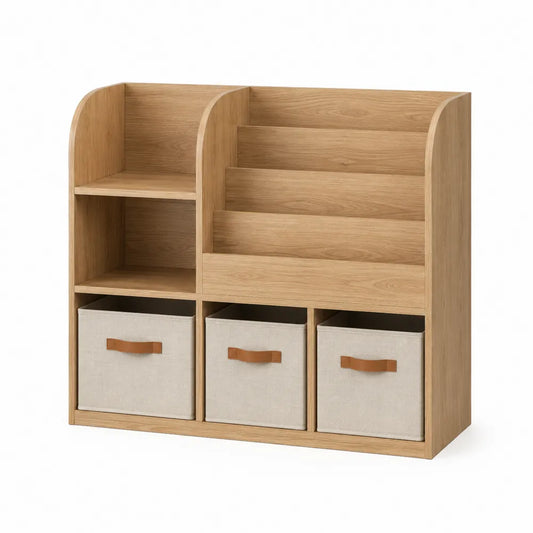 Estantería de madera con cajas de lino