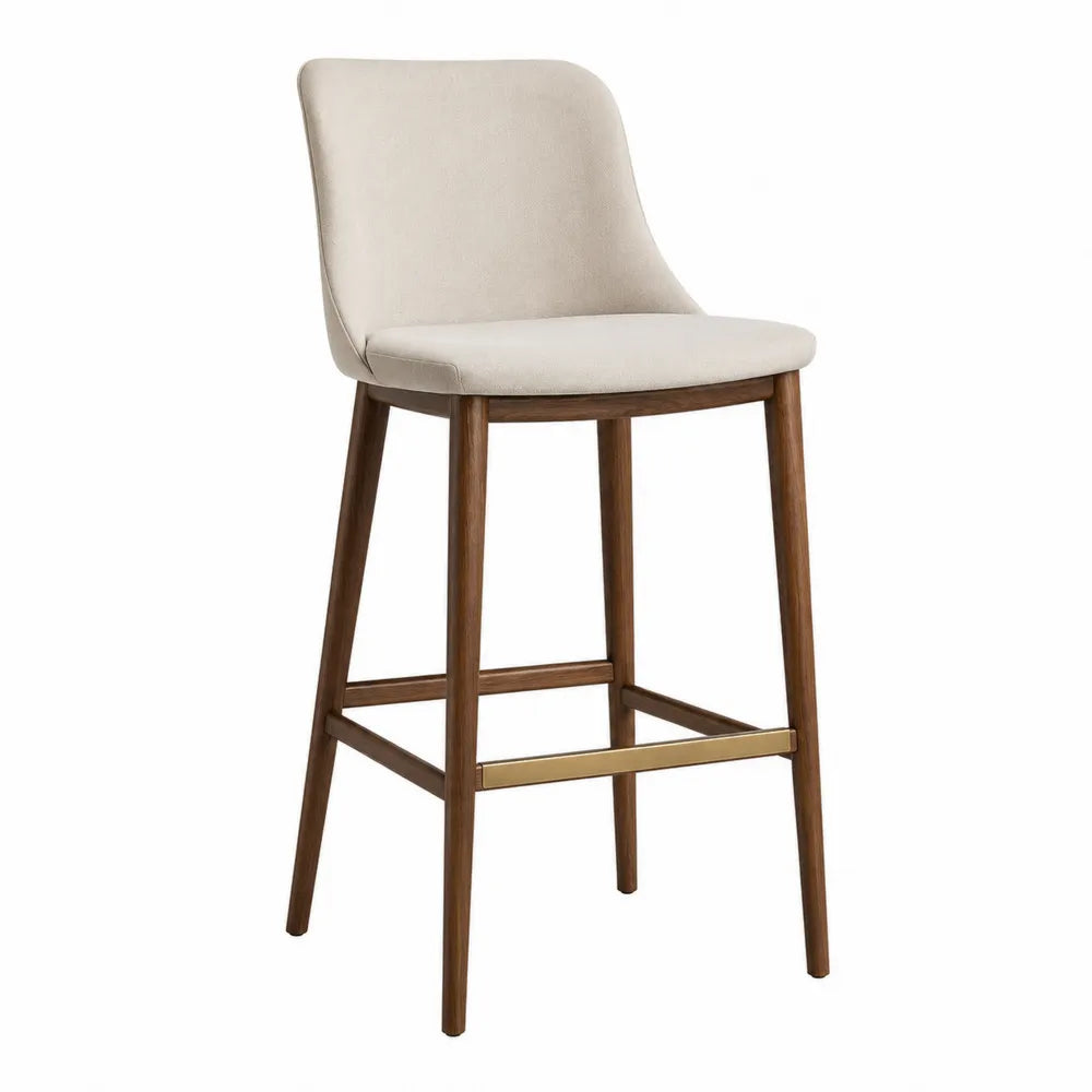 Taburete de poliéster beige con patas de madera maciza