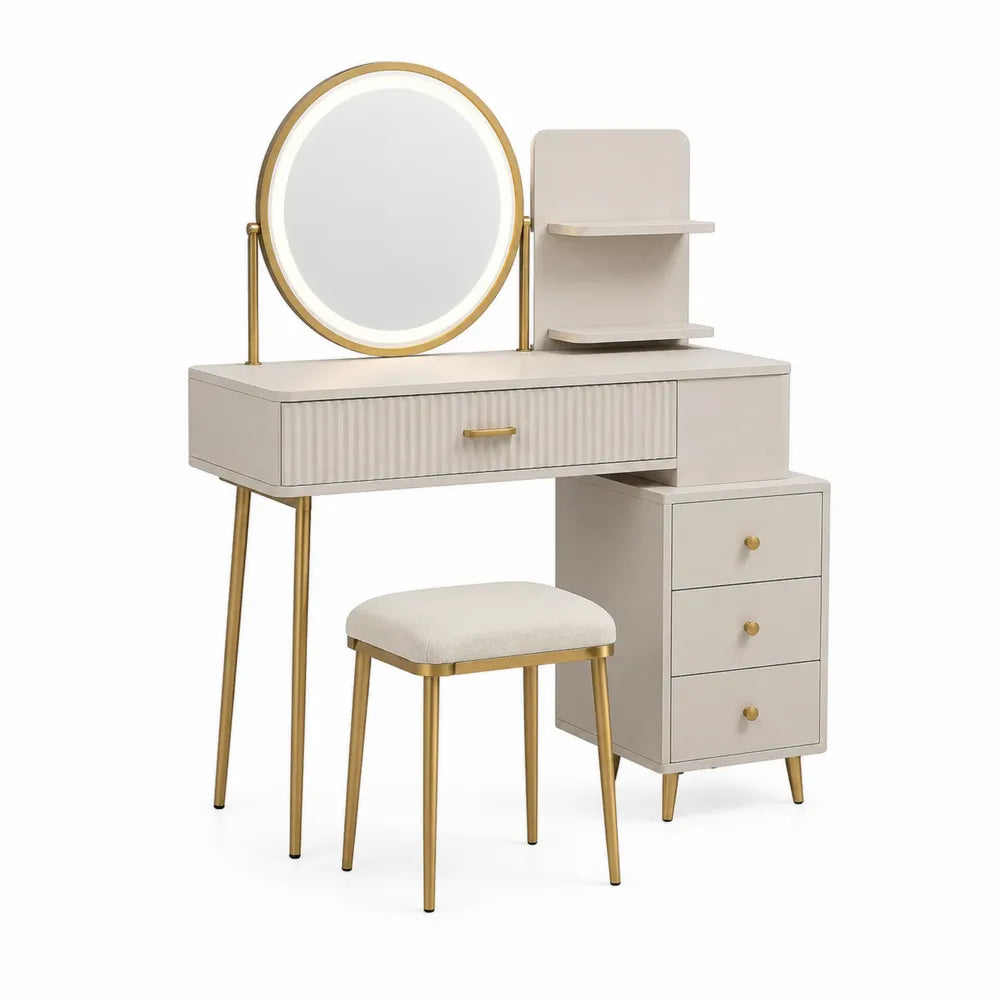 Tocador Beige y Dorado con Espejo LED y Taburete