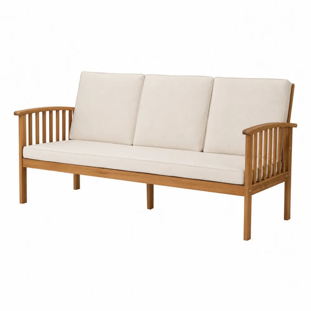 Sofá de madera de acacia para exterior con cojines beige 190x80x75 cm