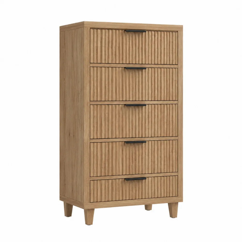 Cajonera alta de madera de roble con 5 cajones y asas de metal