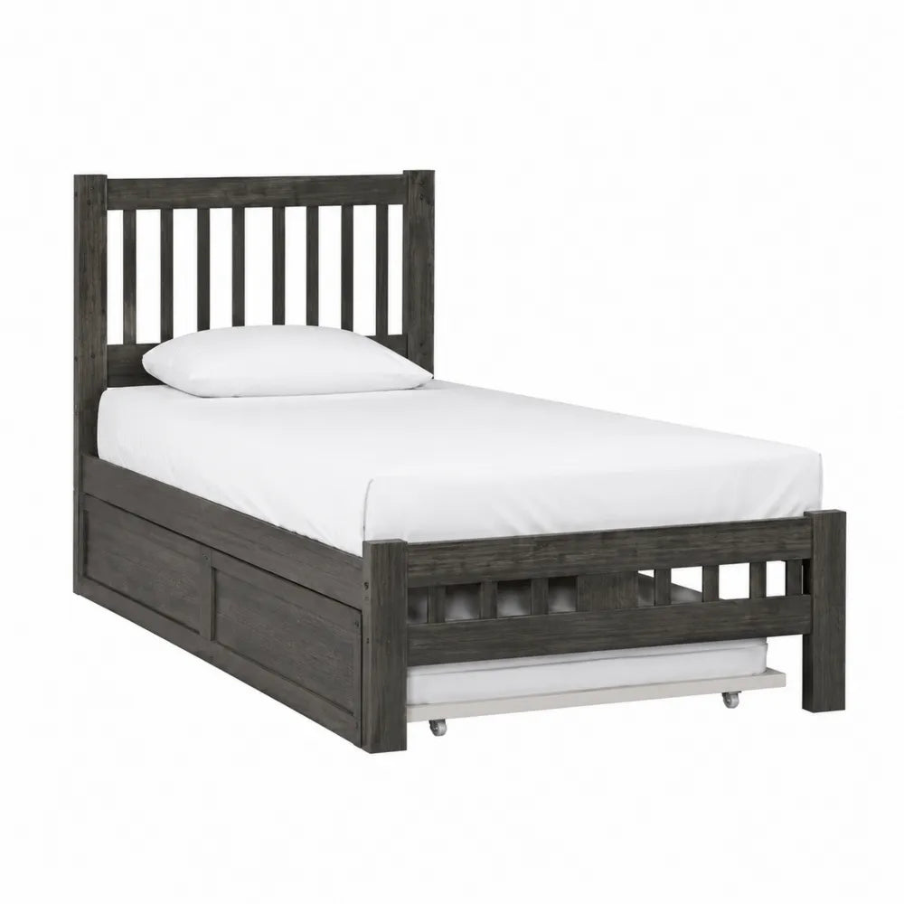 Cama individual de madera gris oscuro con almacenamiento y cabecera