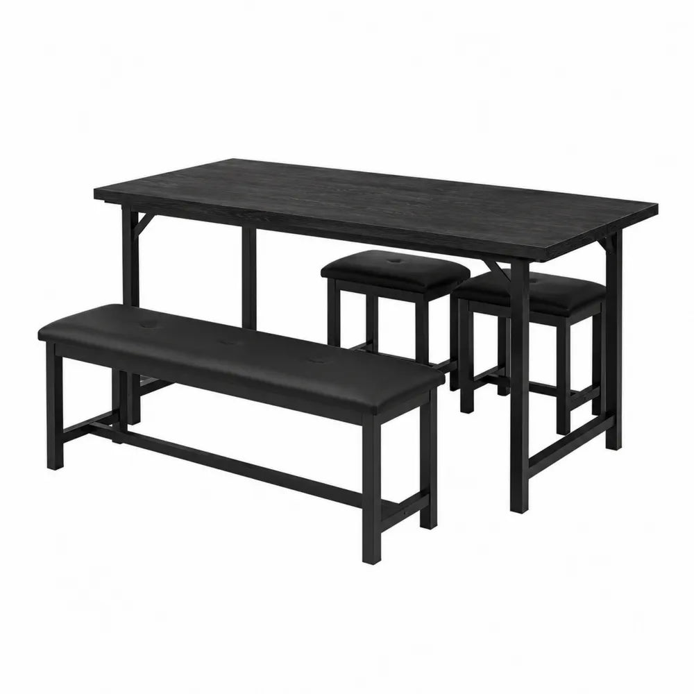 Conjunto de mesa de madera y metal con banco y taburetes, color negro