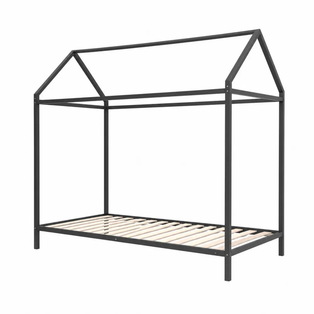 Cama infantil de metal y madera negra 200 x 90 cm