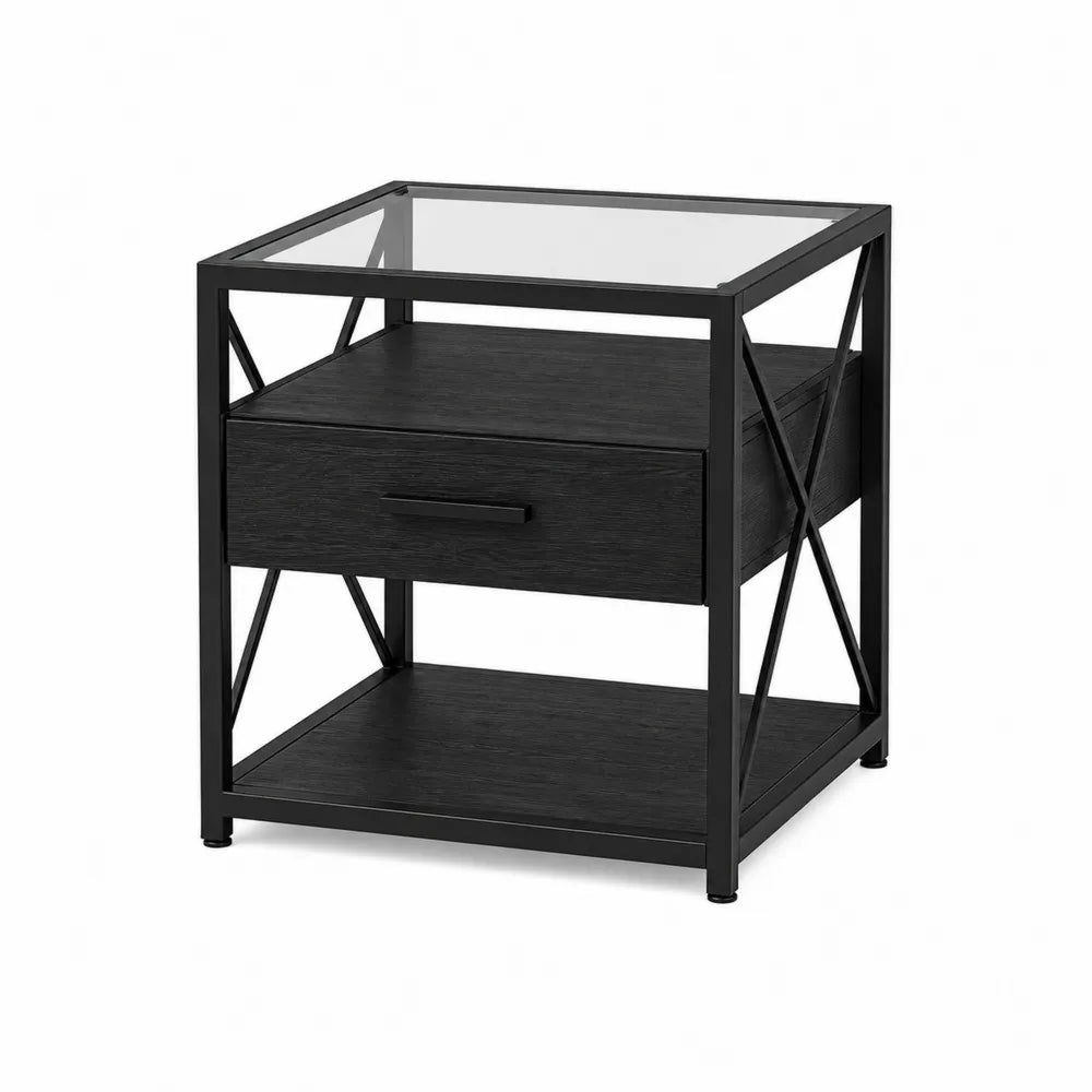 Mesa auxiliar de metal con cajón y vidrio templado 40x40x55 cm negro