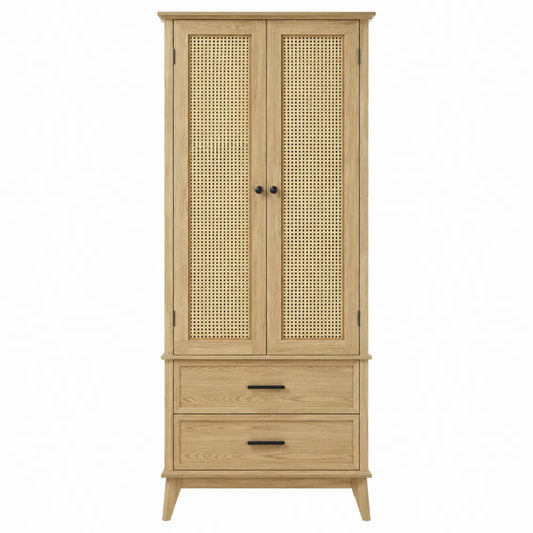 Armario de madera con puertas de ratán y cajones
