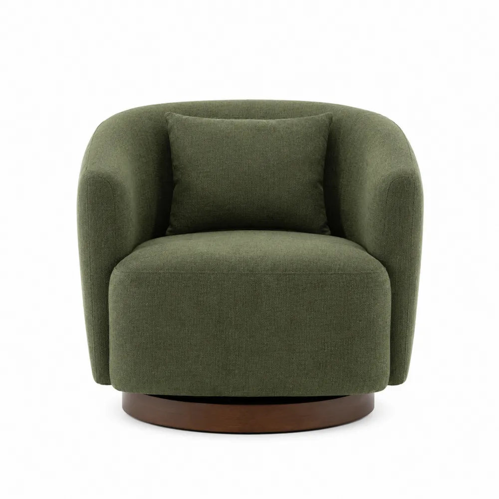 Sillón giratorio de tela verde con base de madera