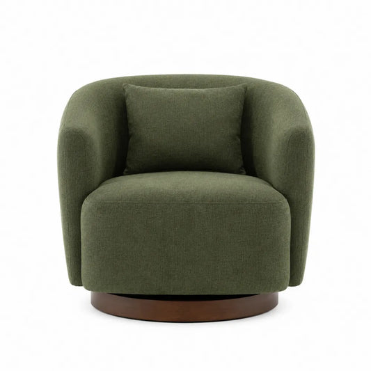 Sillón giratorio de tela verde con base de madera