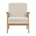 Sillón de tela beige con estructura de madera de roble