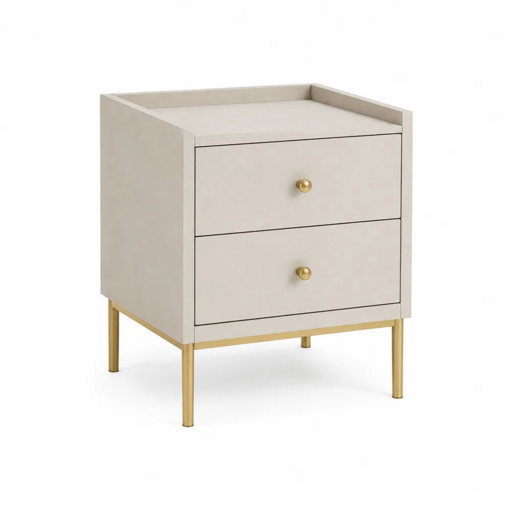 Mesita de noche de madera tapizada beige con patas de acero dorado 45x35x60 cm