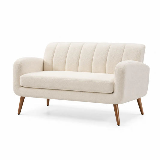 Sofá de dos plazas de chenilla beige con patas de madera